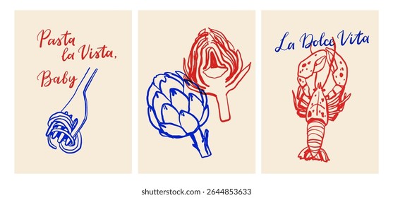 Cartazes vintage La dolce vita. Linha de verão italiana vetor de arte conjunto com massas, mozzarella, café, frutos do mar e ervas. Estilo de esboço de rabisco de tinta de ilustração vetorial.