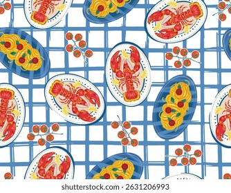 La dolce vita , whimsical style Italian food Lobster and Pasta Seamless pattern Illustration Vector  sketch NOT AI , Vacation party on Blue Grid Check  ,Design for all kind to prints and Textile
