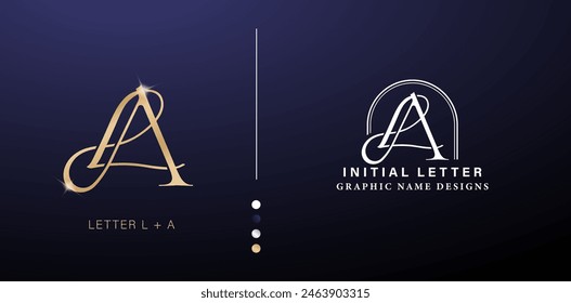 LA elegant monogram letter logo design. luxury gold letters with silver color isolated backgrounds for company and business, branding ads campaigns, letterpress, embroidery, cover invitations envelope