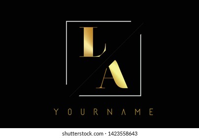 LA Golden Letter Logo with Cutted and Intersected Design and Square Frame Vector Illustration