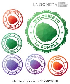 La Gomera badge. Colorful polygonal island symbol. Multicolored geometric La Gomera logos set. Vector illustration.