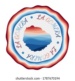 La Gomera badge. Map of the island with beautiful geometric waves and vibrant red blue frame. Vivid round La Gomera logo. Vector illustration.