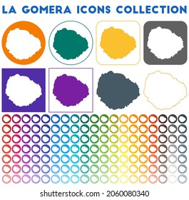 La Gomera icons collection. Bright colorful trendy map icons. Modern La Gomera badge with island map. Vector illustration.