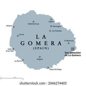 La Gomera island, gray political map with capital San Sebastian de La Gomera. Part of Canary Islands, an archipelago and autonomous community of Spain, in North Atlantic Ocean off the coast of Africa.