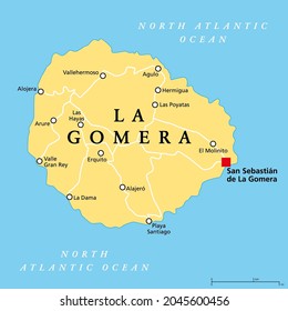 Isla La Gomera, mapa político, con la capital San Sebastián de La Gomera. Una de las Islas Canarias, archipiélago y comunidad autónoma de España, en el Océano Atlántico Norte, frente a la costa de África.