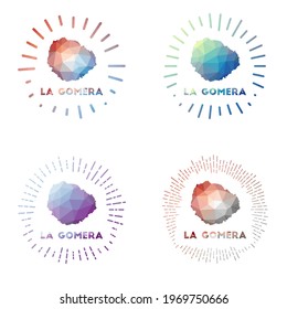 La Gomera low poly sunburst set. Logo of island in geometric polygonal style. Vector illustration.