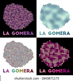 Landkarte von La Gomera. Sammlung von Karte von La Gomera im gepunkteten Stil. Grenzen der Insel gefüllt mit Rechtecken für Ihr Design. Vektorgrafik.
