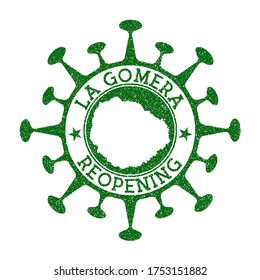 La Gomera Reopening Stamp. Green round badge of island with map of La Gomera. Island opening after lockdown. Vector illustration.