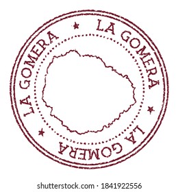 Sello de caucho redondo de La Gomera con mapa de la isla. Sello de pasaporte rojo vintage con texto circular y estrellas, ilustración vectorial.