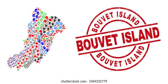 La Graciosa Island map mosaic and rubber Bouvet Island red round stamp seal. Bouvet Island stamp uses vector lines and arcs. La Graciosa Island map mosaic contains markers, homes, showers, suns,