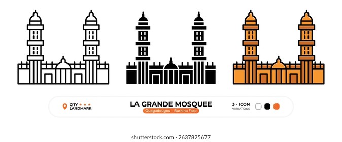 La Grande Mosquee Line Icon. Ouagadougou, Burkina Faso, Landmark, Silhouette, Color Vector, Editable Stroke.