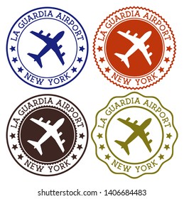 La Guardia Airport New York. New York airport logo. Flat stamps in material color palette. Vector illustration.