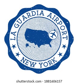 La Guardia Airport New York stamp. Airport of New York round logo with location on United States map marked by airplane. Vector illustration.