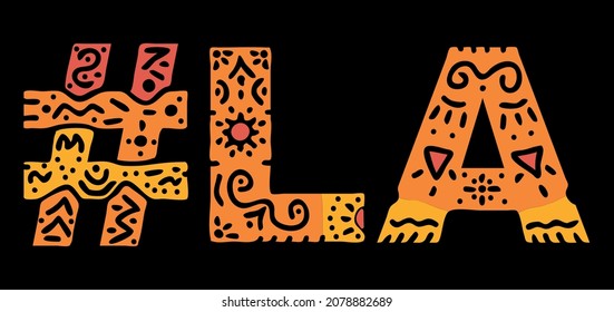 LA Hashtag. Multicolored bright isolate curves doodle letters. Hashtag #LA is abbreviation for the US American state Louisiana for social network, web resources, mobile apps.