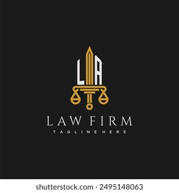 Monograma inicial de LA para el logotipo del bufete de abogados con espada y escala
