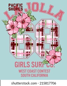 La Jolla Girl surfing, vector floral artwork for girls sportswear