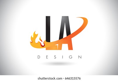 LA L A Letter Logo Design with Fire Flames and Orange Swoosh Vector Illustration.