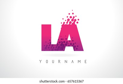 LA L A Letter Logo with Pink Letters and Purple Color Particles Dots Design.