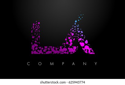 LA L A Letter Logo with Purple Blue Particles and Bubble Dots Design Vector.