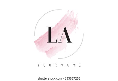 LA L A Watercolor Letter Logo Design with Circular Shape and Pastel Pink Brush.