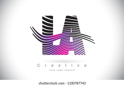 LA L A Zebra Texture Letter Logo Design With Creative Lines and Swosh in Purple Magenta Color Vector.