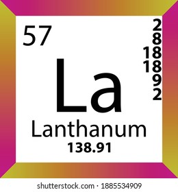 La Lanthanum Chemical Element Periodic Table. Single vector illustration, colorful Icon with molar mass, electron conf. and atomic number for Lab, science or chemistry class.