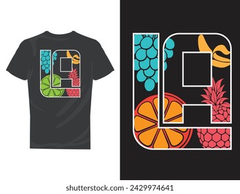 LA letter Los Angels Typography tshirt design with orange, Pineapple, Banana and Graphs fruit icon