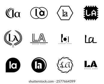 LA logo company template. Letter l and a logotype. Set different classic serif lettering and modern bold text with design elements. Initial font typography. Collection trendy business identity.