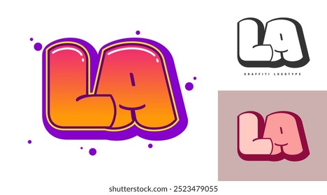 LA logo design for festival or party. Initial letter l and a in graffiti style. Creative modern lettering company name of font typography. Kids trendy logotype or identity. Vector illustration.