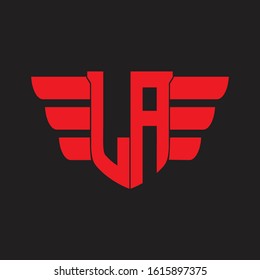LA Logo monogram with emblem and wings element design template on red colors