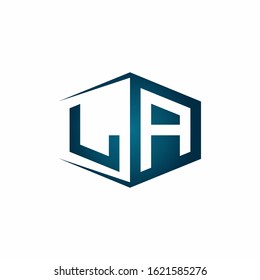 LA monogram logo with hexagon shape and negative space style ribbon design template