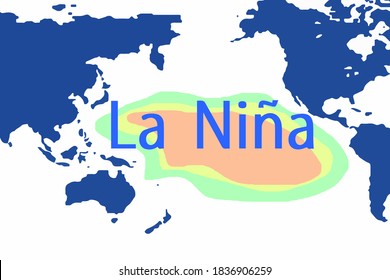 La Nina Text Weather Illustration With Pacific Ocean Map Vector.