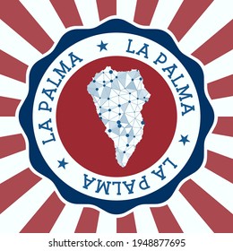 La Palma Badge. Round logo of island with triangular mesh map and radial rays. EPS10 Vector.
