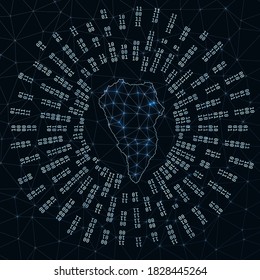 La Palma digital map. Binary rays radiating around glowing island. Internet connections and data exchange design. Vector illustration.