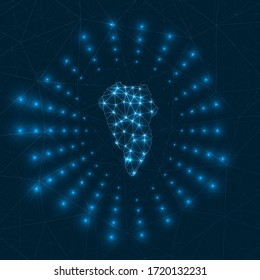 La Palma digital map. Glowing rays radiating from the island. Network connections and telecommunication design. Vector illustration.