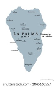 La Palma island, gray political map with capital Santa Cruz. San Miguel de La Palma, north-western island of Canary Islands, autonomous community of Spain. With Caldera de Taburiente and Cumbre Vieja.