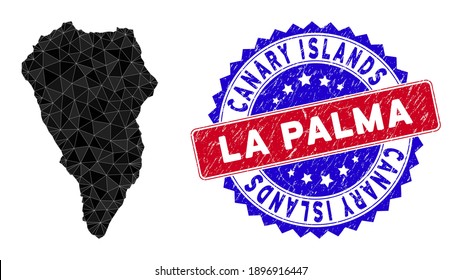 La Palma Island map polygonal mesh with filled triangles, and scratched bicolor watermark. Triangle mosaic La Palma Island map with mesh vector model, triangles have variable sizes, and positions,