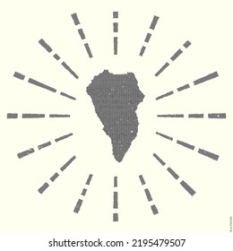 La Palma Logo. Grunge sunburst poster with map of the island. Shape of La Palma filled with hex digits with sunburst rays around. Vibrant vector illustration.