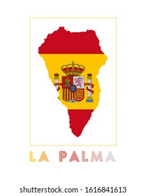La Palma Logo. Map of La Palma with island name and flag. Captivating vector illustration.