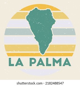 La Palma logo. Sign with the map of island and colored stripes, vector illustration. Can be used as insignia, logotype, label, sticker or badge of the La Palma.