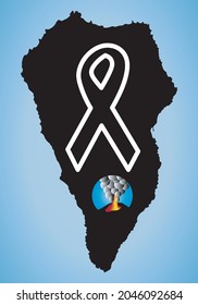 
La Palma, map, erupting volcano and solidarity loop on blue gradient background. Solidarity with La Palma