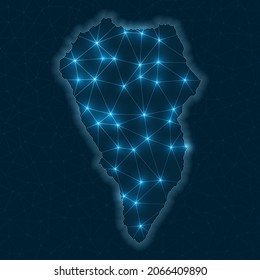 La Palma network map. Abstract geometric map of the island. Digital connections and telecommunication design. Glowing internet network. Vibrant vector illustration.