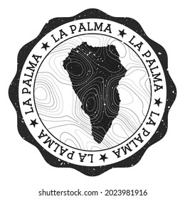 La Palma outdoor stamp. Round sticker with map of island with topographic isolines. Vector illustration. Can be used as insignia, logotype, label, sticker or badge of La Palma.