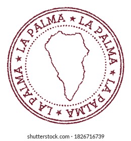 La Palma round rubber stamp with island map. Vintage red passport stamp with circular text and stars, vector illustration.
