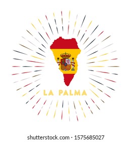 La Palma sunburst badge. The island sign with map of La Palma with Spanish flag. Colorful rays around the logo. Vector illustration.