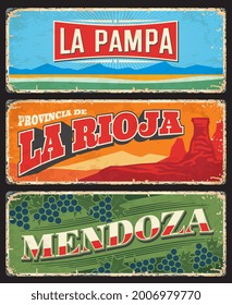 La Pampa, La Rioja and Mendoza provinces and regions of Argentina vector vintage plates. Talampaya canyon, Pampas lowland nature landscape and wine grapes old tin banners, Argentine travel design