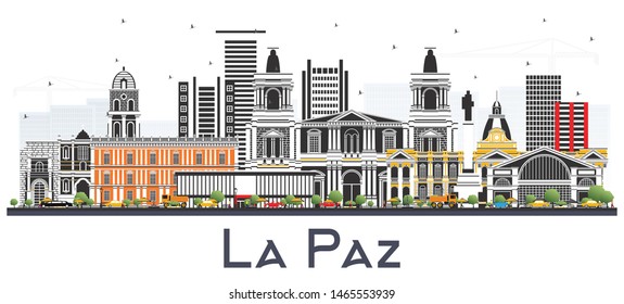 La Paz Bolivia City Skyline with Color Buildings Isolated on White. Vector Illustration. Business Travel and Tourism Concept with Historic Architecture. La Paz Cityscape with Landmarks.