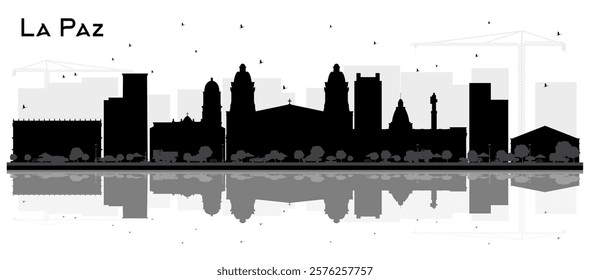 La Paz Bolivia City Skyline Silhouette with Black Buildings and reflections Isolated on White. Vector Illustration. Tourism Concept with Historic Architecture. La Paz Cityscape with Landmarks.