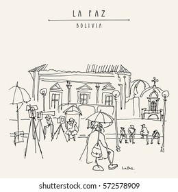 La Paz, Bolivia. Sleepy photographers waiting for customers in a city square in old town. Vintage artistic hand drawn postcard, poster, book illustration in vector