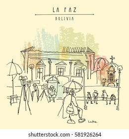 La Paz, Bolivia. Sleepy photographers waiting for customers in a city square in old town. Vintage artistic hand drawn postcard, poster, book illustration in vector